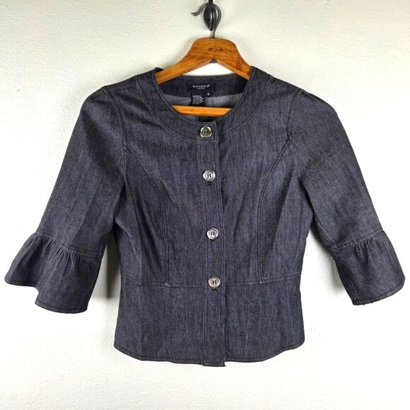 Women's Sandro Sportswear Denim Short Blazer Cotton Blend Blue Jacket Size Small - Picture 1 of 11
